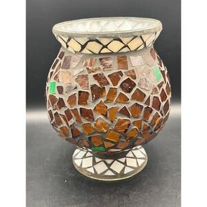 Mosaic Glass Candle Holder Vase Brown Decorative Home Interiors‎ Accent 7.25"